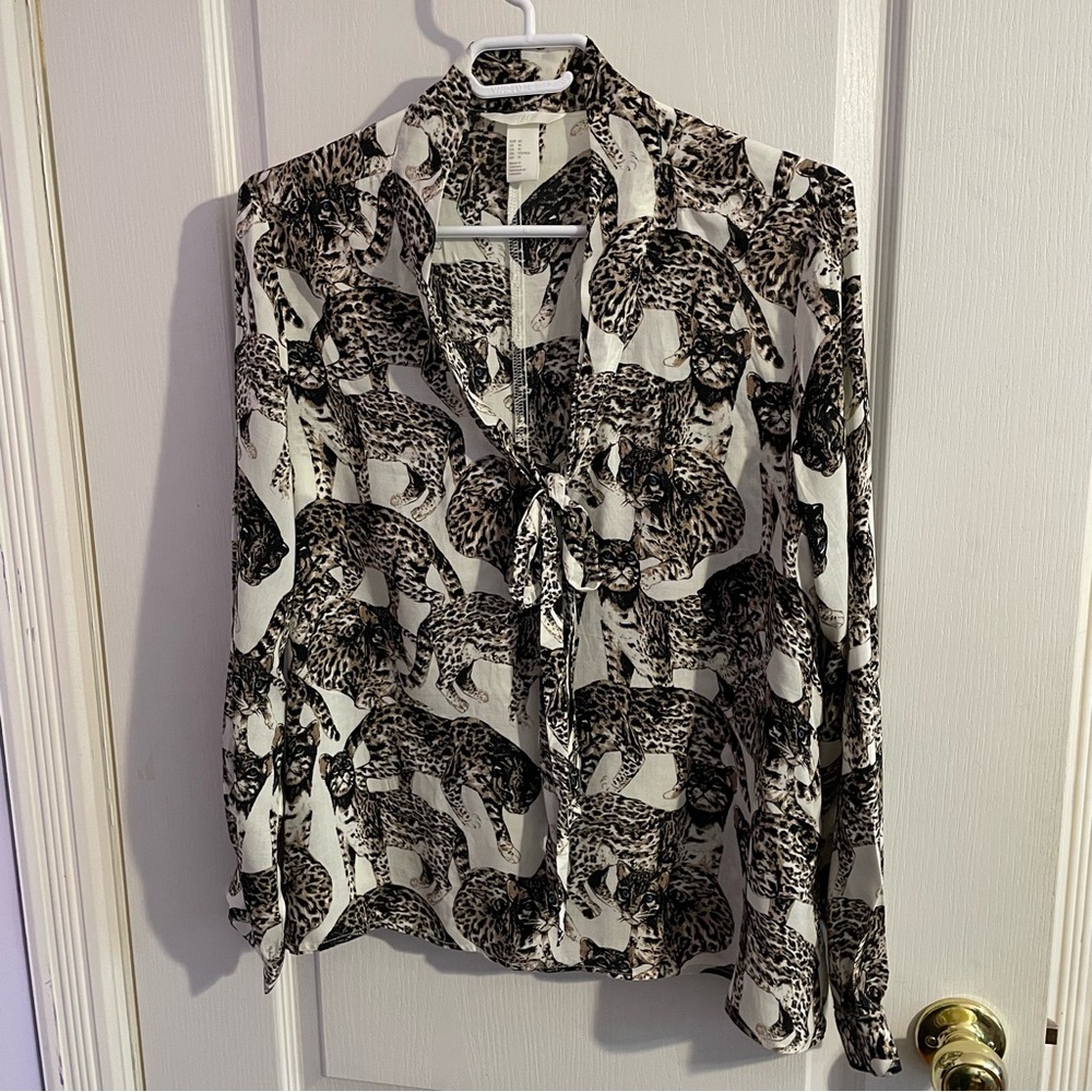 H&M Long Sleeve Tie Front Blouse with fun print